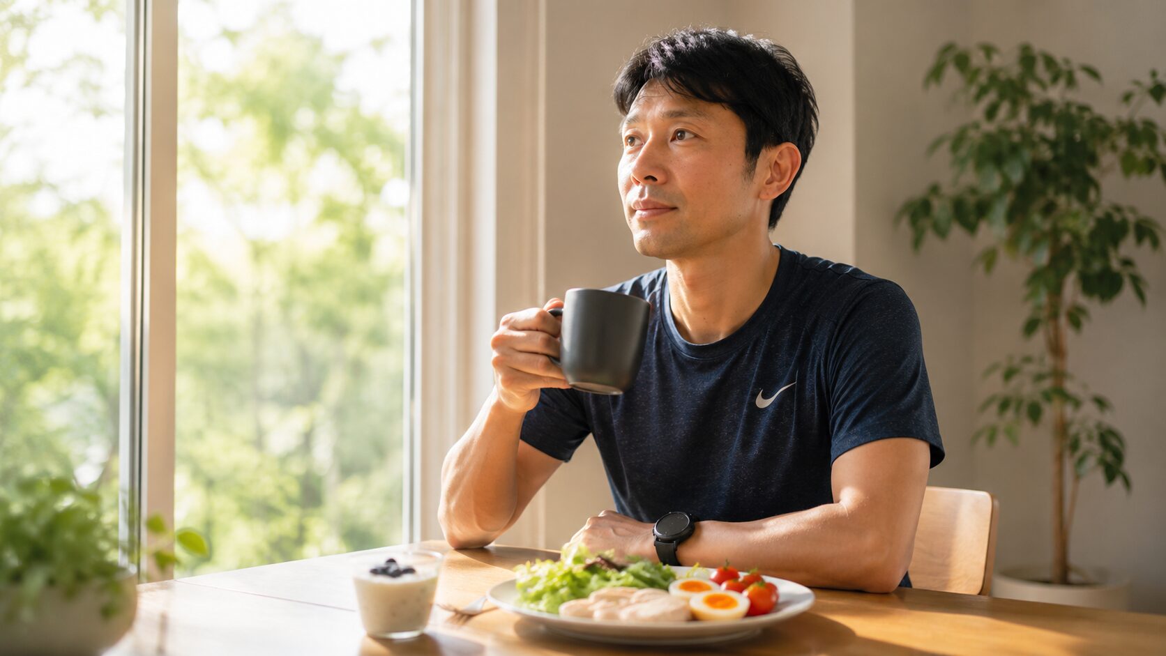 早朝コーヒーを飲む40代ランナー